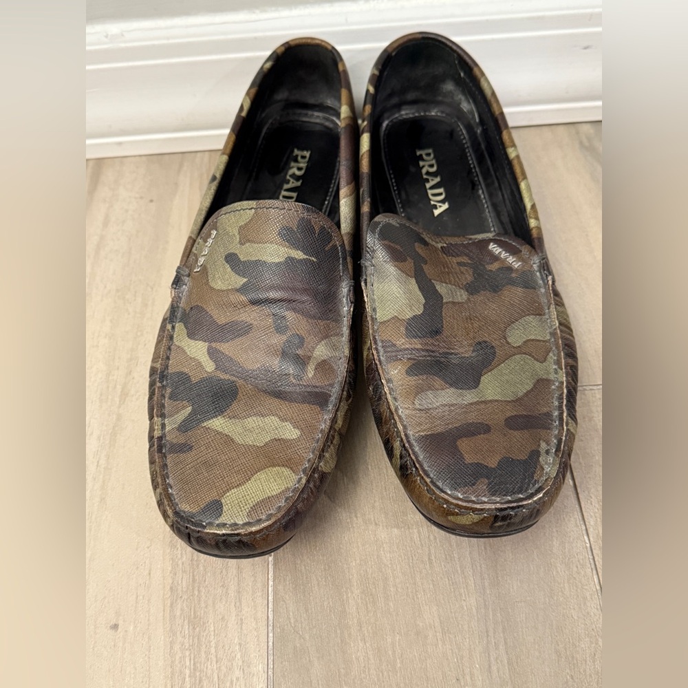 Prada Brown and Green Camouflage Loafers